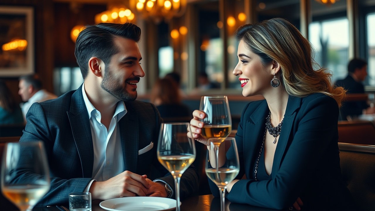 Um casal elegante desfrutando de uma experiência gastronômica em um restaurante chique.